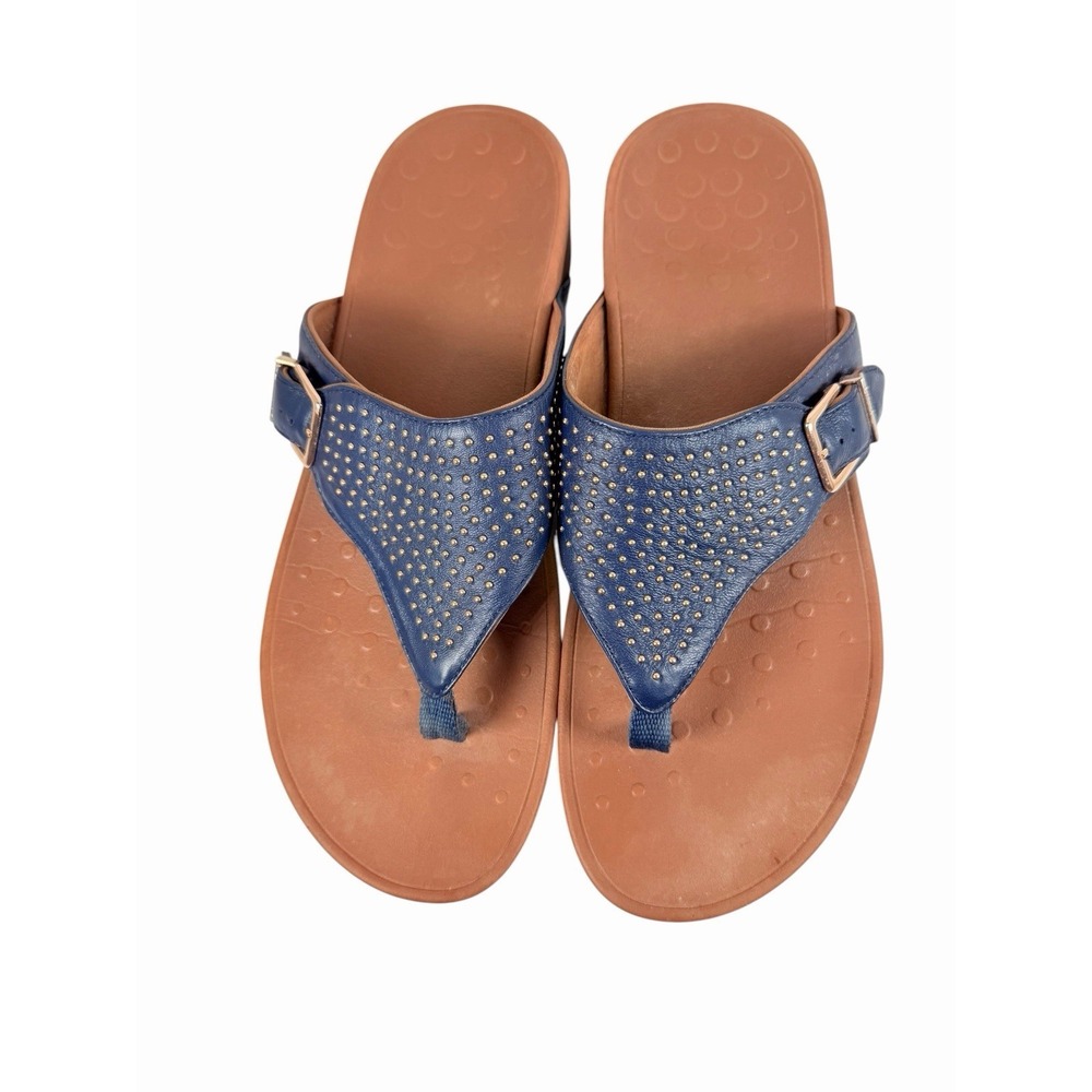 Vionic Capitola Thong Women's 11 Navy Blue Leather Studded Platform Wedge Sandal